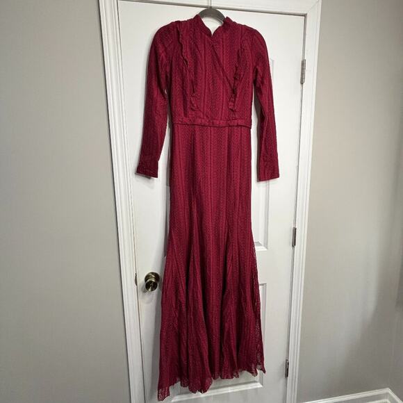 Modest Red/Purple Long Sleeve Lace Overlay Maxi Dress Size 40/Small NWT - Picture 1 of 8